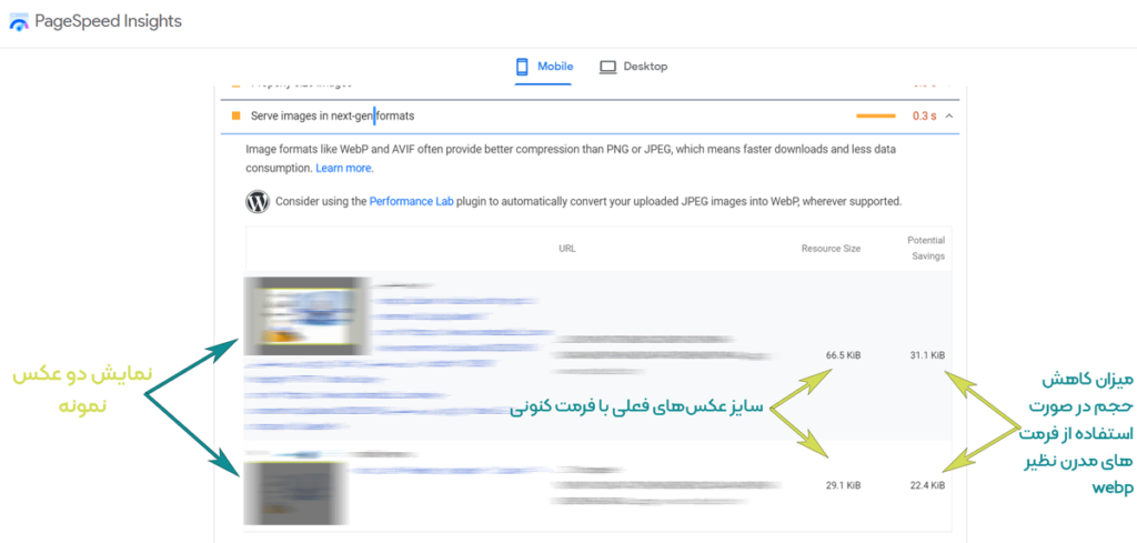 اسکرین شات خطای تست سرعت گوگل page speed insight درباره استفاده از فرمت webp