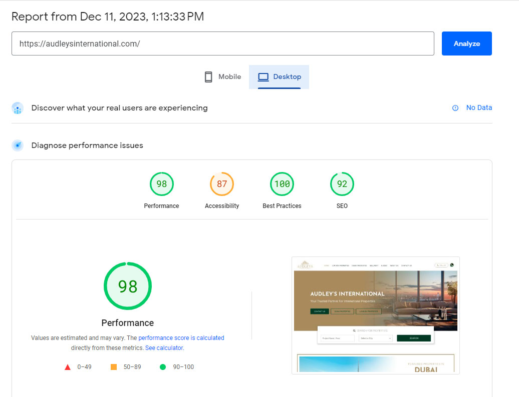 اسکرین شات از نتیجه تست سرعت سایت در ابزار page speed insight google در دسکتاپ