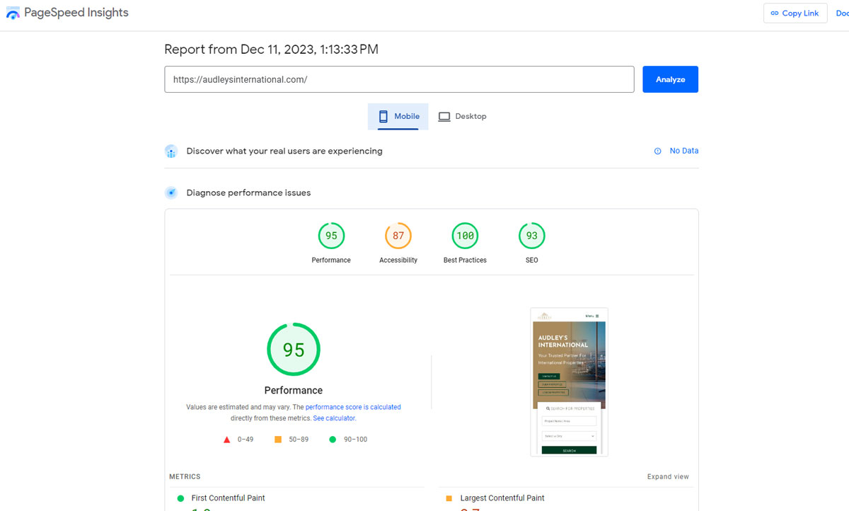 اسکرین شات از نتیجه تست سرعت سایت در ابزار page speed insight google در موبایل